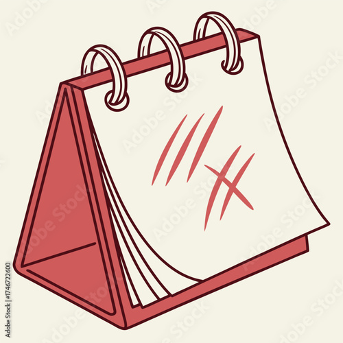 Vector art of red desk calendar with three rings and scratched paper on cream background