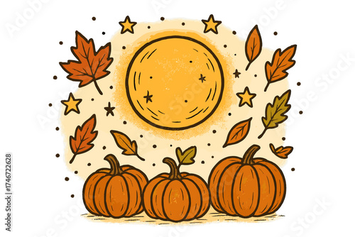 Harvest Moon Glow. Harvest moon doodle with glowing moon, stars, pumpkins and autumn leaves isolated transparent background