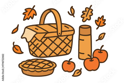Autumn Picnic Doodle. Autumn picnic doodle with basket, thermos, pie, apples and falling leaves isolated transparent background