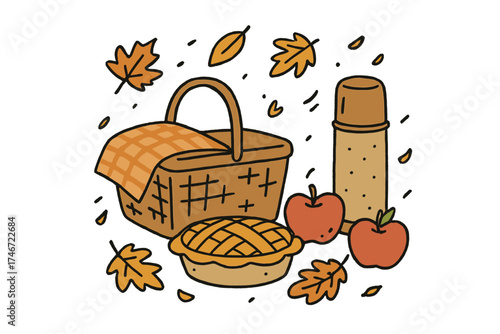 Autumn Picnic Doodle. Autumn picnic doodle with basket, thermos, pie, apples and falling leaves isolated transparent background
