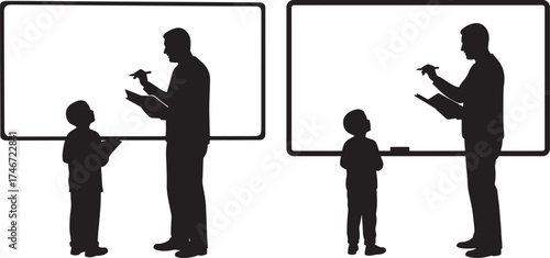 Teacher and student in silhouette at whiteboard silhouette