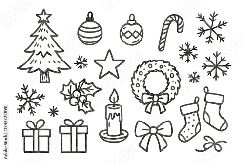 Christmas Doodle Icons. Christmas doodle icon set: hand drawn icons of Christmas tree, ornaments, bells, candy cane, snowflakes,