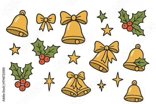 Festive Bell Doodle. Christmas bells doodle icon set: hand drawn icons of golden bells, ribbon bows, holly leaves, berries, and