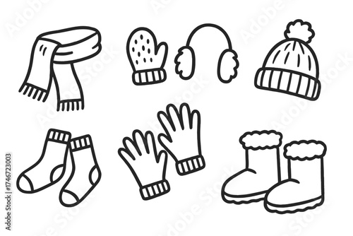 Winter Accessories Icons. Winter accessories doodle icon set: hand drawn icons of scarf, mittens, earmuffs, hat, warm socks,