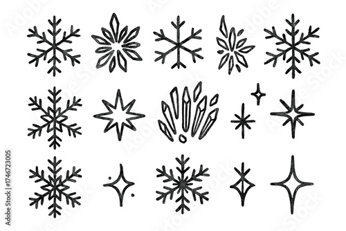 Snowflake Doodle Icons. Snowflake doodle icon set: hand drawn icons of unique snowflake patterns, icy crystals, frost stars,