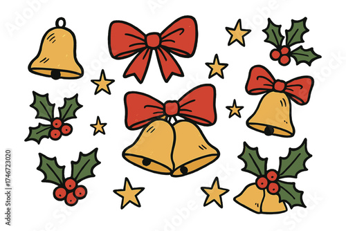 Festive Bell Doodle. Christmas bells doodle icon set: hand drawn icons of golden bells, ribbon bows, holly leaves, berries, and