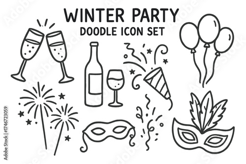 Winter Party Icons. Winter party doodle icon set: hand drawn icons of glasses, wine bottle, fireworks, balloons, confetti, and