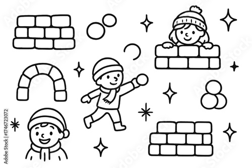 Snow Fort Icon Set. Snow fort doodle icon set: hand drawn icons of snow walls, snowballs, kids, stars, and sparkles. isolated