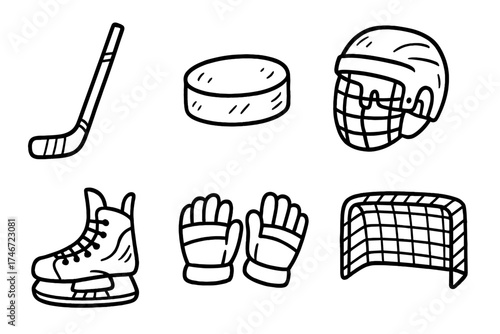 Hockey Gear Sketch. Ice hockey doodle icon set: hand drawn icons of hockey stick, puck, skates, helmet, gloves, and goal net.