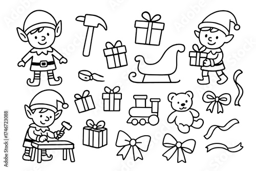 Santa Workshop Icons. Santa workshop doodle icon set: hand drawn icons of elves, toys, sleigh, hammer, gifts, and ribbons.