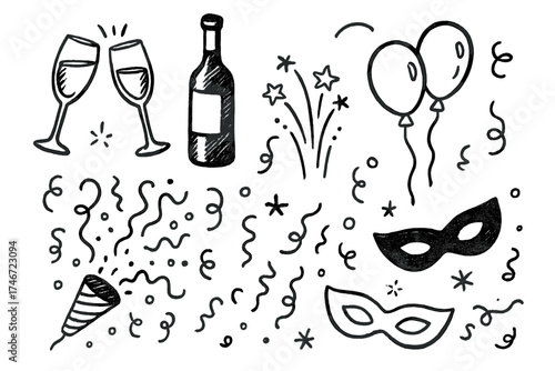 Winter Party Icons. Winter party doodle icon set: hand drawn icons of glasses, wine bottle, fireworks, balloons, confetti, and