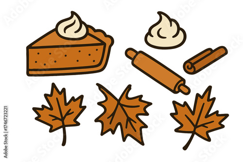 Pumpkin Pie Icon Set. Pumpkin pie doodle icon set: hand drawn icons of pie slice, whipped cream, rolling pin, cinnamon, and maple