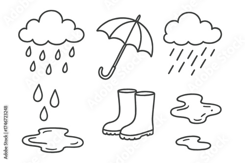 Autumn Rainy Icons. Autumn rainy weather doodle icon set: hand drawn icons of clouds, raindrops, boots, puddles, and umbrella.