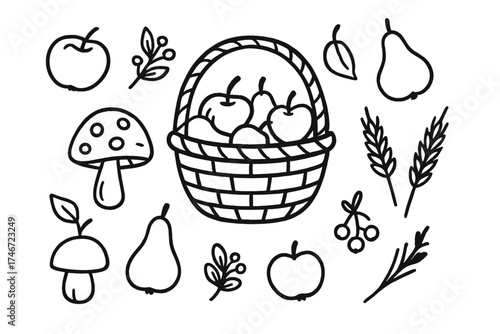 Autumn Harvest Icons. Autumn basket doodle icon set: hand drawn icons of mushrooms, apples, pears, berries, and wheat. isolated