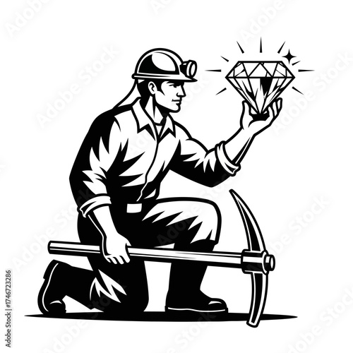 Miner Kneeling with Pickaxe Holding Diamond.