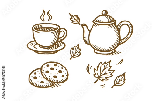 Autumn Tea Doodles. Autumn tea time doodle icon set: hand drawn icons of teacup, teapot, cookies, and falling leaves. isolated