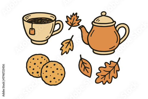 Autumn Tea Doodles. Autumn tea time doodle icon set: hand drawn icons of teacup, teapot, cookies, and falling leaves. isolated