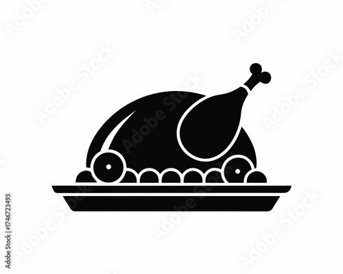 Roast turkey on a platter with herbs, traditional Thanksgiving dinner, isolated vector 