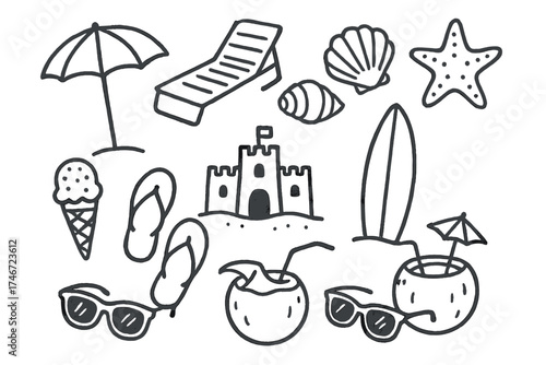 Beach Icon Collection. Beach doodle icon set: hand drawn icons of umbrella, sunbed, seashells, starfish, sandcastle, surfboard,