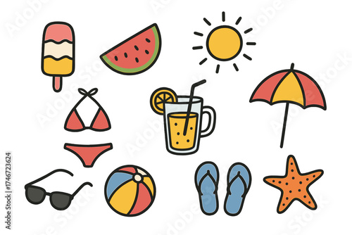 Summer Doodle Icons. Summer doodle icon set: hand drawn icons of ice cream, watermelon, sun, lemonade, bikini, beach ball, flip
