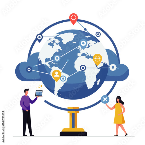 Global network concept illustration with people interacting with a world globe and digital connections.