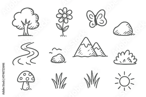 Nature Doodle Icons. Nature doodle icon set: hand drawn icons of tree, flower, butterfly, river, mountain, rock, mushroom, bush,