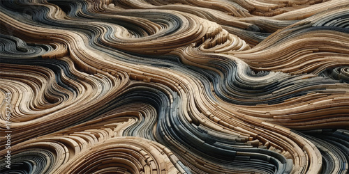 An abstract background with a wave pattern of wooden planks in shades of brown and gray, creating a textured and flowing design.