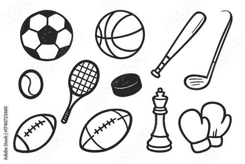 Sports Doodle Icons. Sports doodle icon set: hand drawn icons of football, basketball, volleyball, tennis racket, baseball bat,