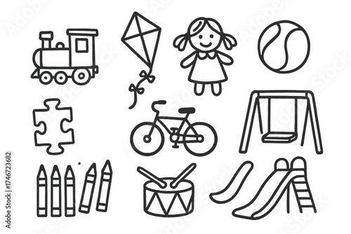 Kids Doodle Icons. Kids doodle icon set: hand drawn icons of toy train, kite, ball, doll, puzzle, crayons, bike, swing, slide, and