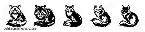 Artistic representation of five sitting foxes in a row sketchy style