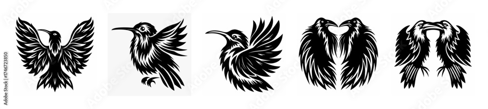 Fototapeta premium Artistic rendering of hummingbirds in flight and perched various poses collection