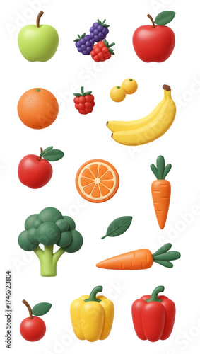 Vibrant 3D fruits and vegetables collection offers fresh, healthy eating for wellness and balanced diets