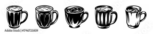 Five vintage sketch style hot chocolate mugs with frothy tops and handles displayed in a row