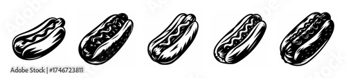 Vintage sketch style hotdog row food drawing delicious quick snack and meal staple