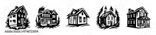 Collection of five stylized hand-drawn house icons featuring architectural details and rooflines
