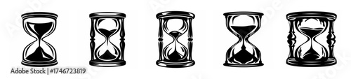 Collection of five classic hourglass sand timers showing the passage of time and its relentless flow.
