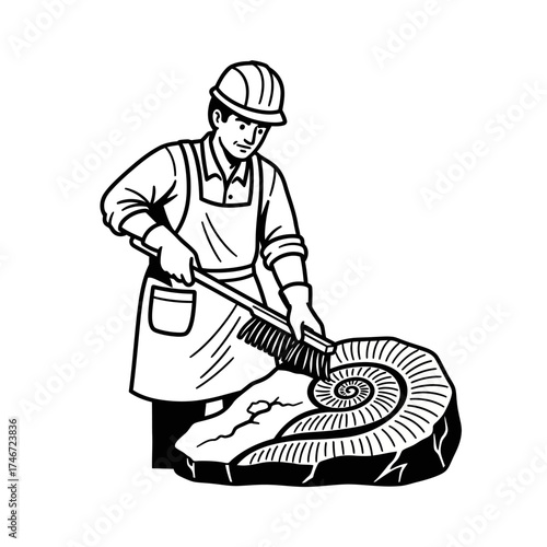 Paleontologist carefully brushes a large ammonite fossil.