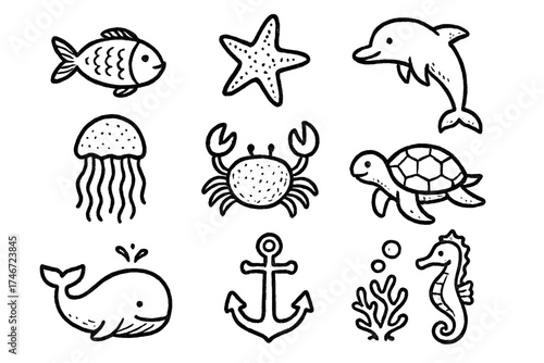 Ocean Life Icons. Ocean life doodle icon set: hand drawn icons of fish, starfish, dolphin, jellyfish, crab, turtle, whale, coral,