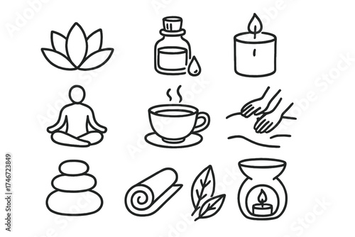 Wellness Doodle Icons. Wellness doodle icon set: hand drawn icons of lotus, essential oil, candle, meditation, tea, massage, spa