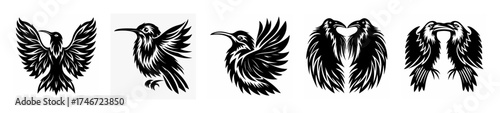 Artistic rendering of hummingbirds in flight and perched various poses collection