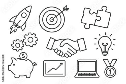 Startup Doodle Icons. Startup doodle icon set: hand drawn icons of rocket, target, puzzle piece, gears, handshake, lightbulb,