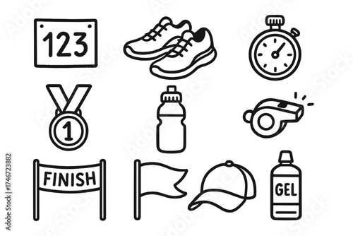 Marathon Doodle Icons. Marathon doodle icon set: hand drawn icons of bib number, running shoes, stopwatch, medal, water bottle,