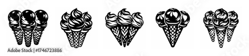 Five black and white artistic triple scoop ice cream cones lineup on a plain surface