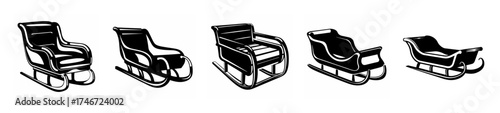 Multiple abstract black and white artistic representations of what appear to be chairs or sleds