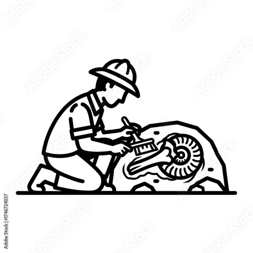 Paleontologist carefully excavating fossilized ammonite specimen from rock formation with brush.