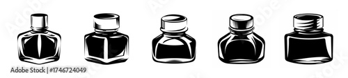 Five vintage ink bottles displayed in a row each with unique cap and reflective glass surface