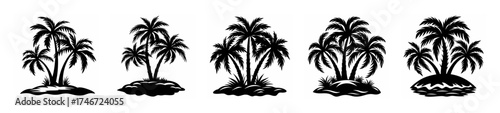 Diverse black and white palm tree islands silhouettes tropical paradise beach vegetation collection