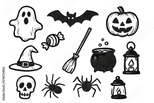 Halloween Doodle Icons. Halloween doodle icon set: hand drawn icons of ghost, bat, pumpkin, candy, witch hat, broom, cauldron,
