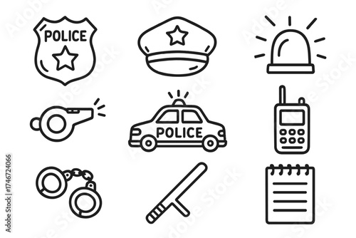 Police Doodle Icons. Police doodle icon set: hand drawn icons of badge, hat, car, siren, whistle, walkie talkie, handcuffs, baton,