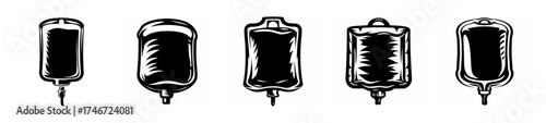 Collection of five medical iv bags displayed in a row for healthcare and treatment purposes
